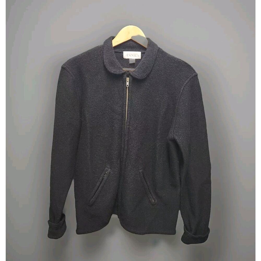 Casual Corner Annex 100% Wool Sweater Jacket Size Large Black Full Zip Pockets